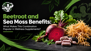 Beetroot and sea moss ingredients with capsules for a natural wellness supplement
